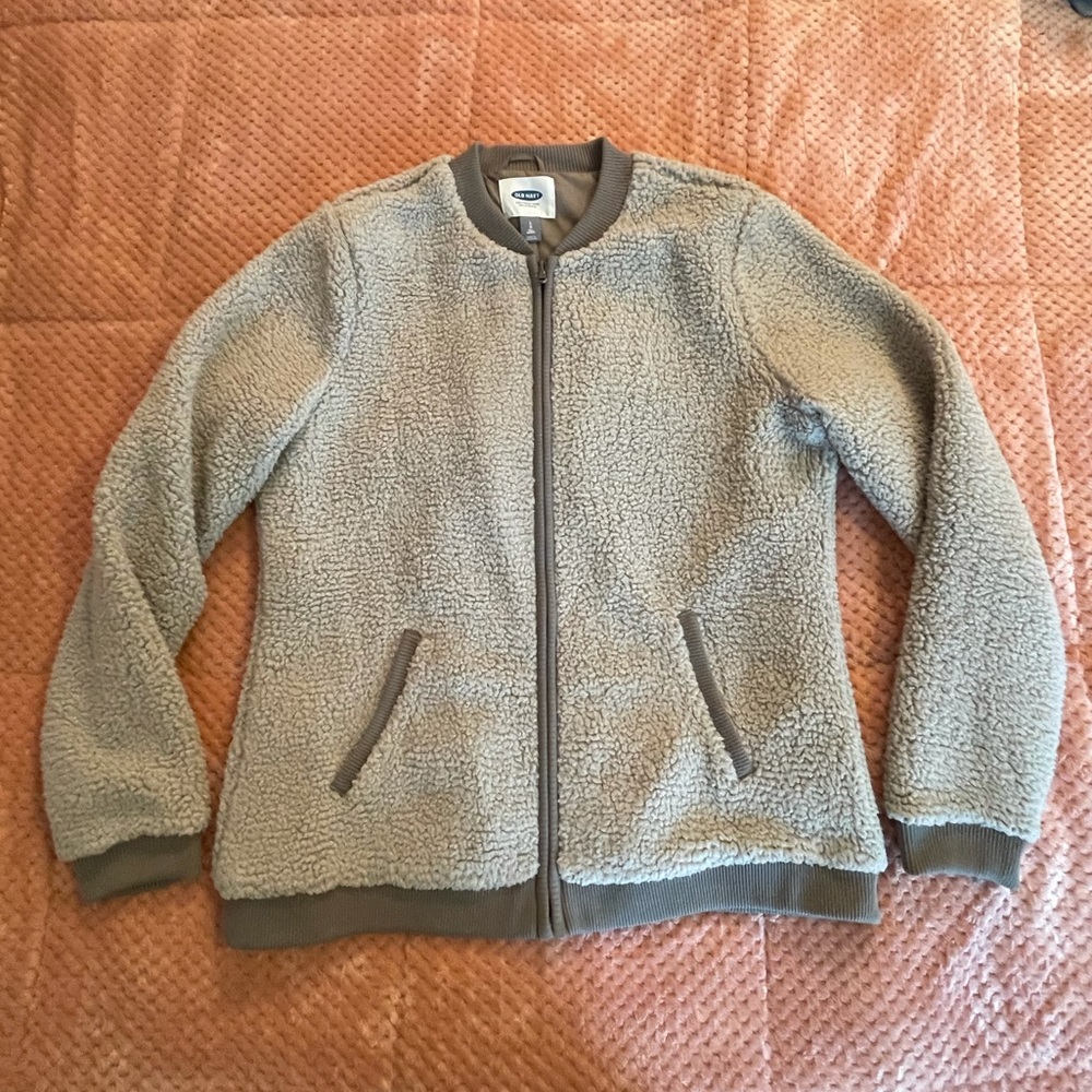 Old Navy teddy “bomber” jacket - silly lining, knit hems. L tall